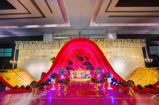 Red theme, Floral wall, Reception Decor
